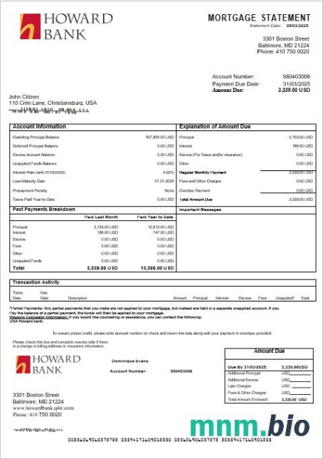 USA Howard Bank wyciąg z kredytu hipotecznego w formatach Word i PDF